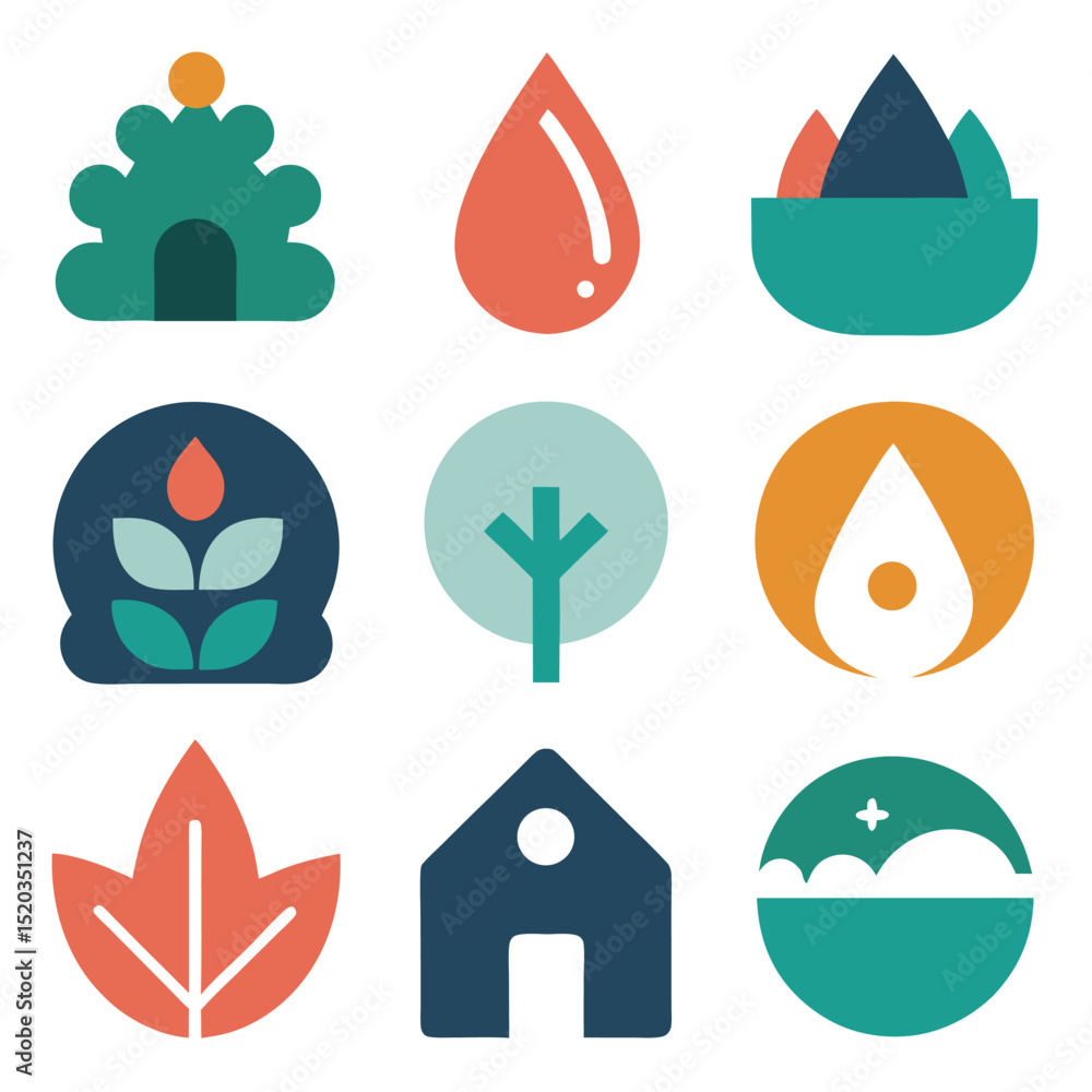 Poster abstract geometric icon set representing nature elements for environmental concepts