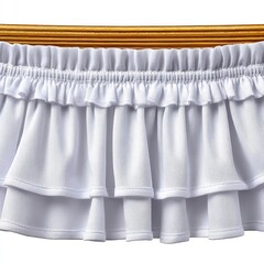 White Ruffled Three Layered Curtain Below Gold Rail Decoration On White Background