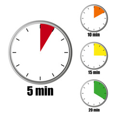 Countdown timer illustration. Five ten fifteen twenty minutes. Clock segment display. Vector time concept.