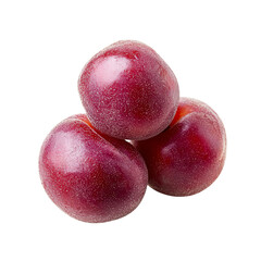 Obraz premium trio of plum fruits fresh red plums isolated, realistic plum fruit trio, organic purple plum on white isolated red plum photography