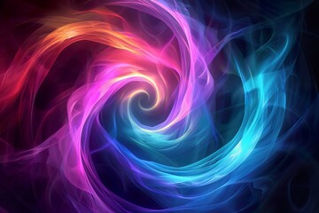 Abstract three-dimensional spiral pattern composed of glowing lines in a gradient of purple, blue, and green against a dark background 