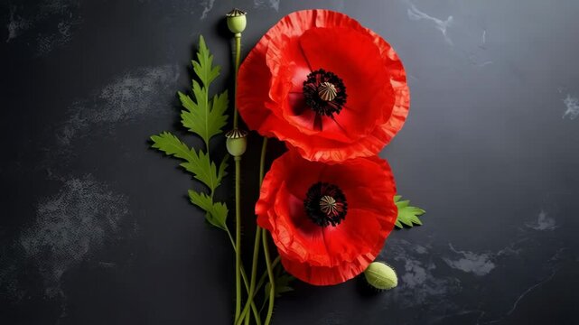 Bright red poppy flowers, green leaves, and seed pods arranged on a dark gray marbled background, creating a vibrant floral still life