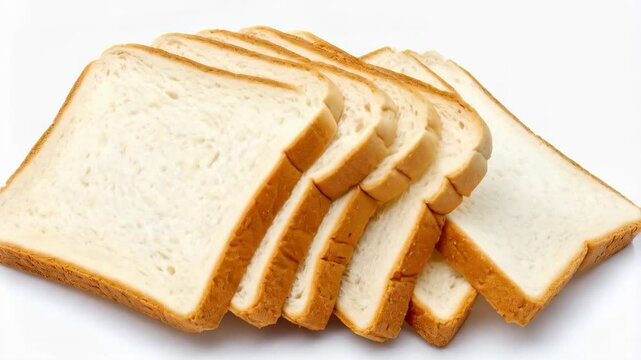 Sliced loaves of square white bread sit arranged on a white background, preparing for breakfast or sandwiches.