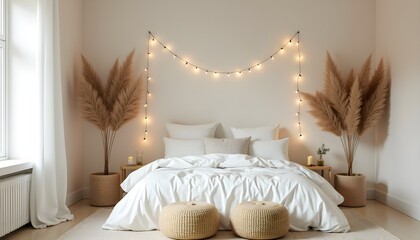 A cozy bedroom with a white bed adorned with white sheets and pillows, surrounded by pampas grass and string lights