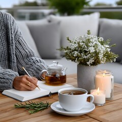 Woman writing in a notebook outdoors, surrounded by tea, candles, and flowers