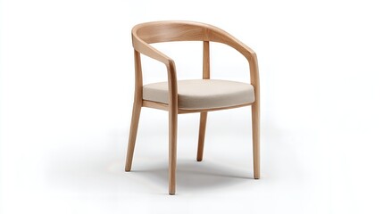Modern wooden chair with fabric seat viewed from an angle, isolated on a white background