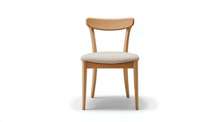 Front view of a modern wooden chair with a beige cushioned seat against a white background