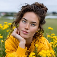 Young woman in yellow sweater, resting in field of flowers