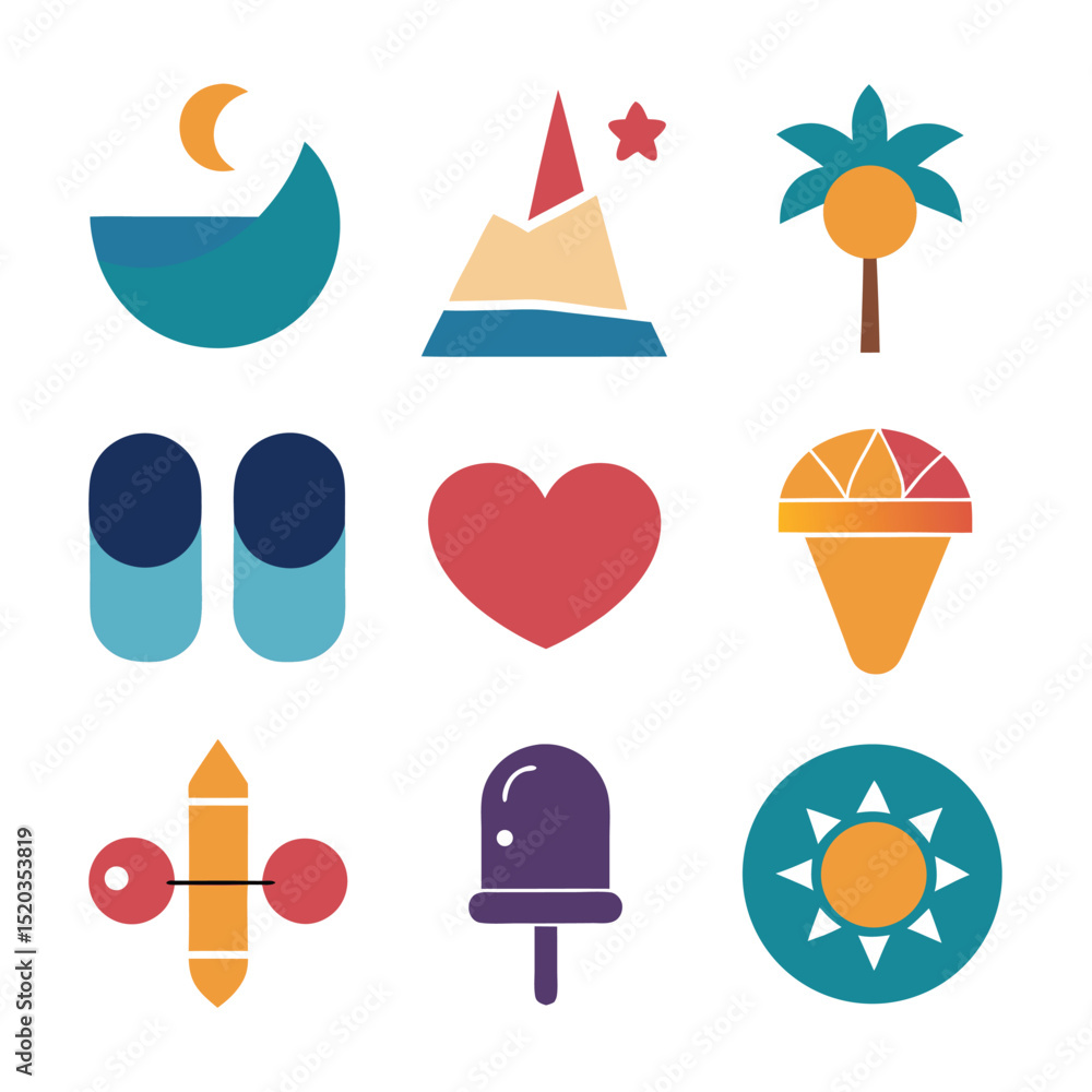 Poster collection of simple vector icons illustrating landscape nature and various design elements