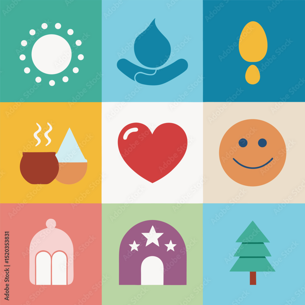 Poster collection of simple minimalist icons with transparency on white background suitable for design