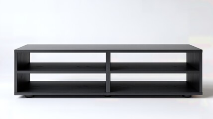 Front view of a modern black wooden coffee table with open shelves on a white background