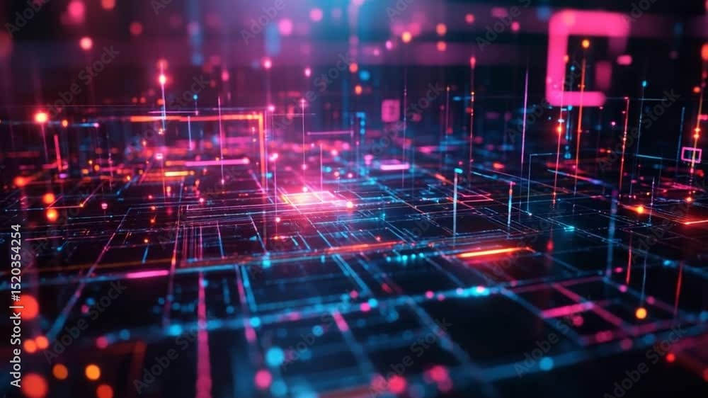 Poster abstract futuristic technology background with neon glowing lines and grid patterns
