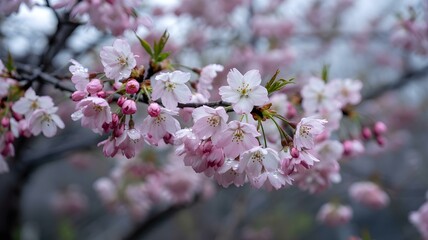 Fototapeta premium Soft Pink Cherry Blossoms in Spring, Capturing the Delicate Beauty of Nature in Full Bloom, Close-Up Floral Photography
