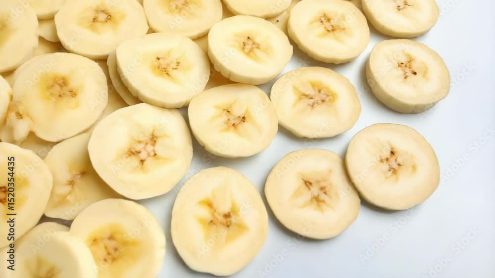 Poster overhead shot of banana slices arranged on a light surface, showing the fruit texture and color.