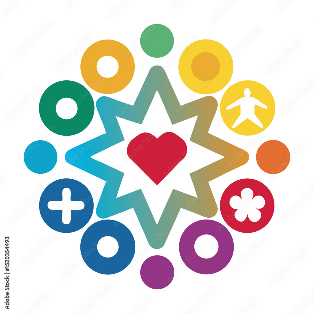 Poster colorful abstract heart symbol surrounded by icons representing community and unity