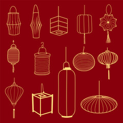 set of six red chinese lantern on the red background, Hand drawn vector illustration