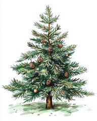 Evergreen pine tree with cones in watercolor illustration style