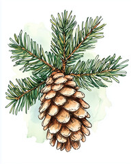 Fototapeta premium Pine cone with evergreen needles in watercolor illustration style