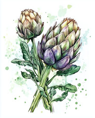 Fototapeta premium Artichokes with leaves in watercolor botanical illustration style