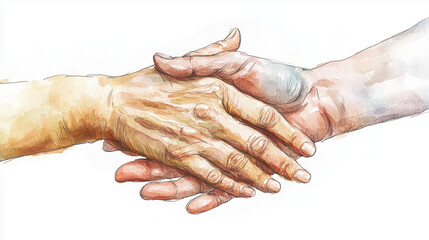 Fototapeta premium Elderly and young hands holding each other in watercolor style