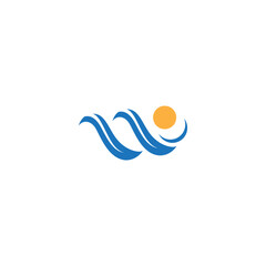 Naklejka premium W letter logo wave with sun in blue flat design