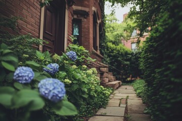Obraz premium Hydrangeas bloom beside a stone pathway in a serene suburban garden during early summer, showcasing vibrant colors and lush greenery