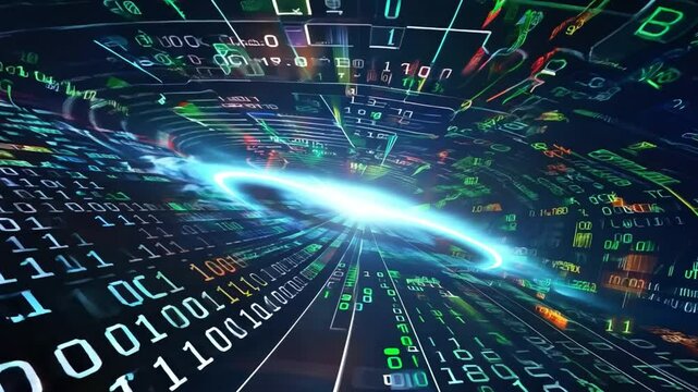 Vibrant Digital Data Streams Futuristic Tunnel of Binary Code and Colorful Light Patterns Showcasing Technology and Innovation in Dynamic Landscape