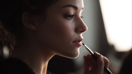 Professional Makeup Artist Applying Lipstick: Glamorous Beauty Portrait with Model in Studio