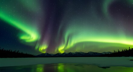 Naklejka premium Aurora Borealis Dance Over Landscape: A mesmerizing dance of the aurora borealis lights the night sky, creating a vivid, surreal display of color over a tranquil.