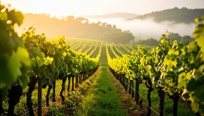 Naklejka premium Sunlit Vineyard Rows at Dawn