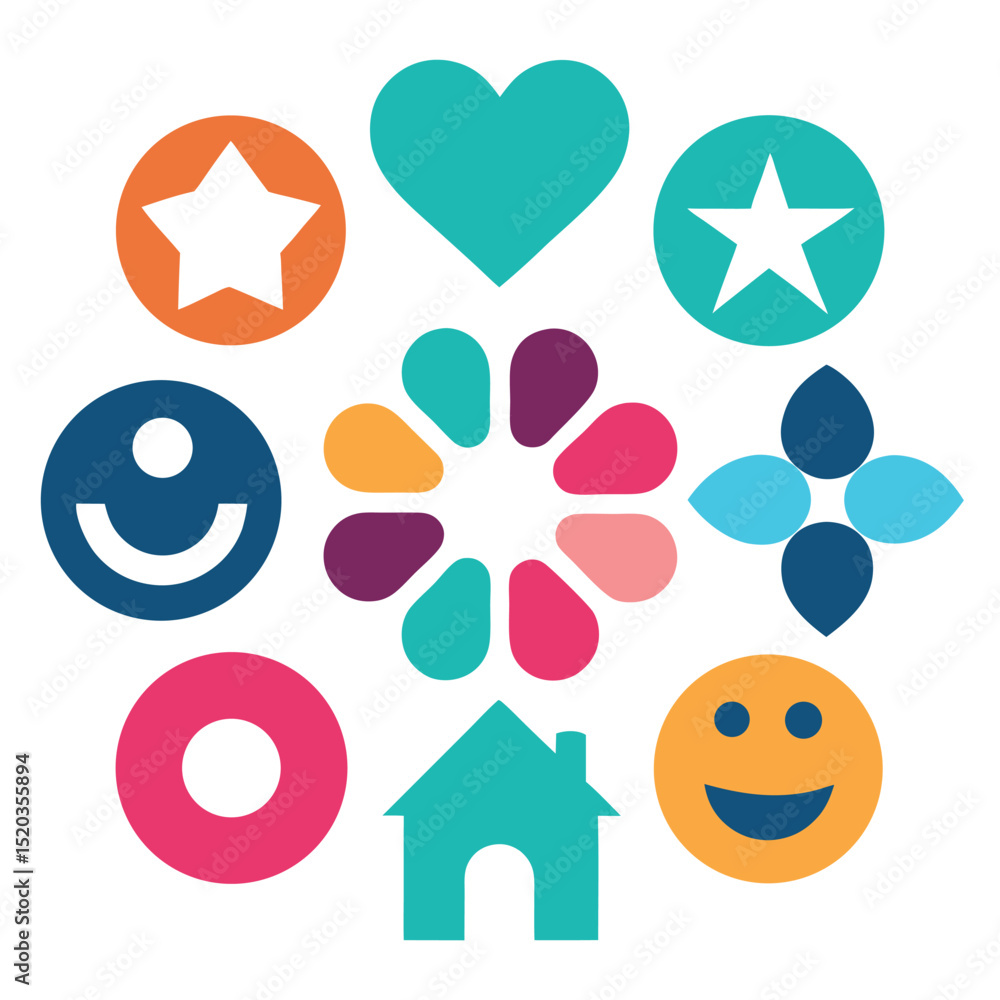 Poster colorful geometric elements arranged in a circular pattern on a clean white background
