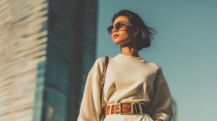 Urban Fashionista: Modern Portrait of a Stylish Young Adult Female in Chic Streetwear