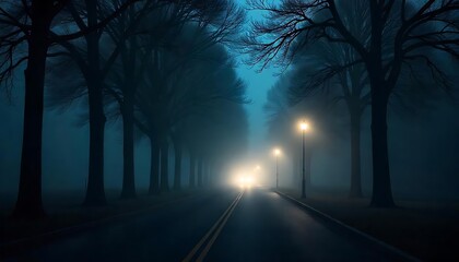 Naklejka premium Foggy City Street at Night with Silhouetted Trees and Lit Lamps, created with generative ai