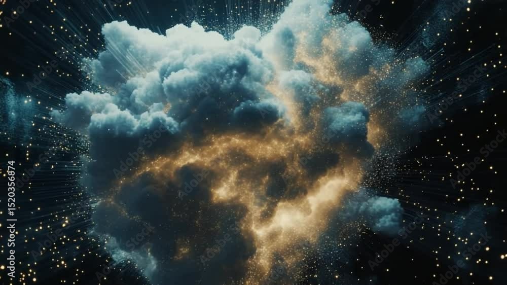 Poster celestial cloud burst with energetic radiance and starry sparkle particle illumination