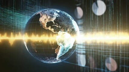 Digital earth globe surrounded by data visualization representing global network communication and soundwave technology - Powered by Adobe