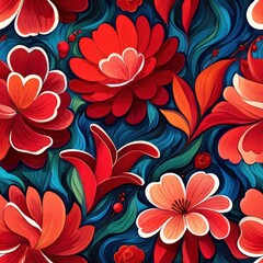 Vibrant red and orange flowers with lush green and blue swirling leaves creating a dynamic and lively floral pattern