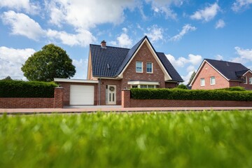 Sunny suburban scene with two brick houses featuring dark roofs behind green hedges and lawns under a partly cloudy sky