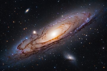 Spiraling glowing galaxy surrounded by numerous distant stars and smaller galaxies in deep space