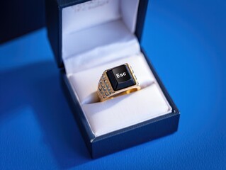 gold ring with a black escape key from a keyboard set in the center presented inside an open dark blue and white jewelry box on a blue surface