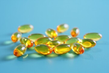 Close-up of translucent golden yellow capsules scattered on blue surface with soft lighting creating reflections and shadows