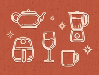 Simple line art icons of various kitchen appliances and drinkware including a teapot, air fryer, wine glass, blender, and mug with decorative stars on a textured brown background