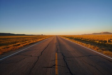 Empty cracked asphalt road stretching straight into the horizon under clear blue sky with golden fields and distant low mountains bathed in warm sunlight