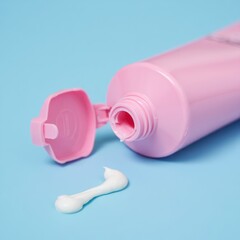 pink plastic tube with white cream squeezed out on blue surface conveying cleanliness and skincare concept