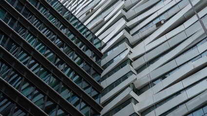 Modern architectural facade featuring sharp contrasting geometric patterns with dark glass windows and light angular panels creating a dynamic urban aesthetic