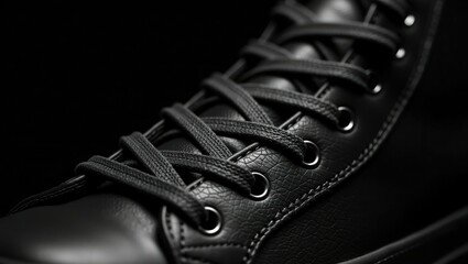 Closeup of black leather sneaker laces and eyelets