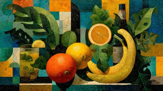 Orange and Banana Still Life in Cubist Style