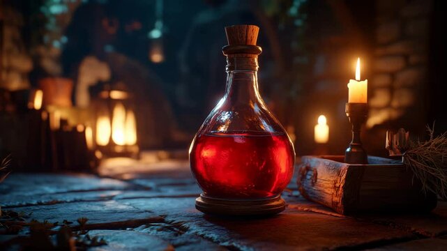 Mysterious potion bottle glows by candlelight in enchanted medieval setting