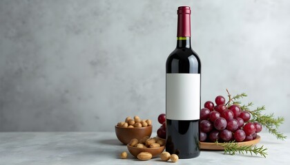 Obraz premium A bottle of wine with a blank label next to a bowl of grapes and peanuts