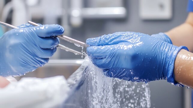 Close up of a dentists gloved hands using a dental tool to clean a patients teeth with water spray visible in a clean and sterile clinic environment
