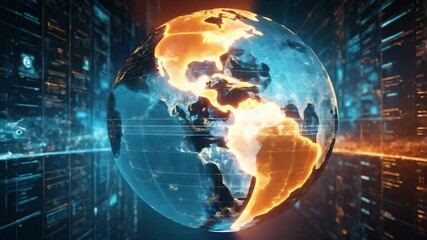 Digital globe depicting global connectivity emerging from data center infrastructure - Powered by Adobe